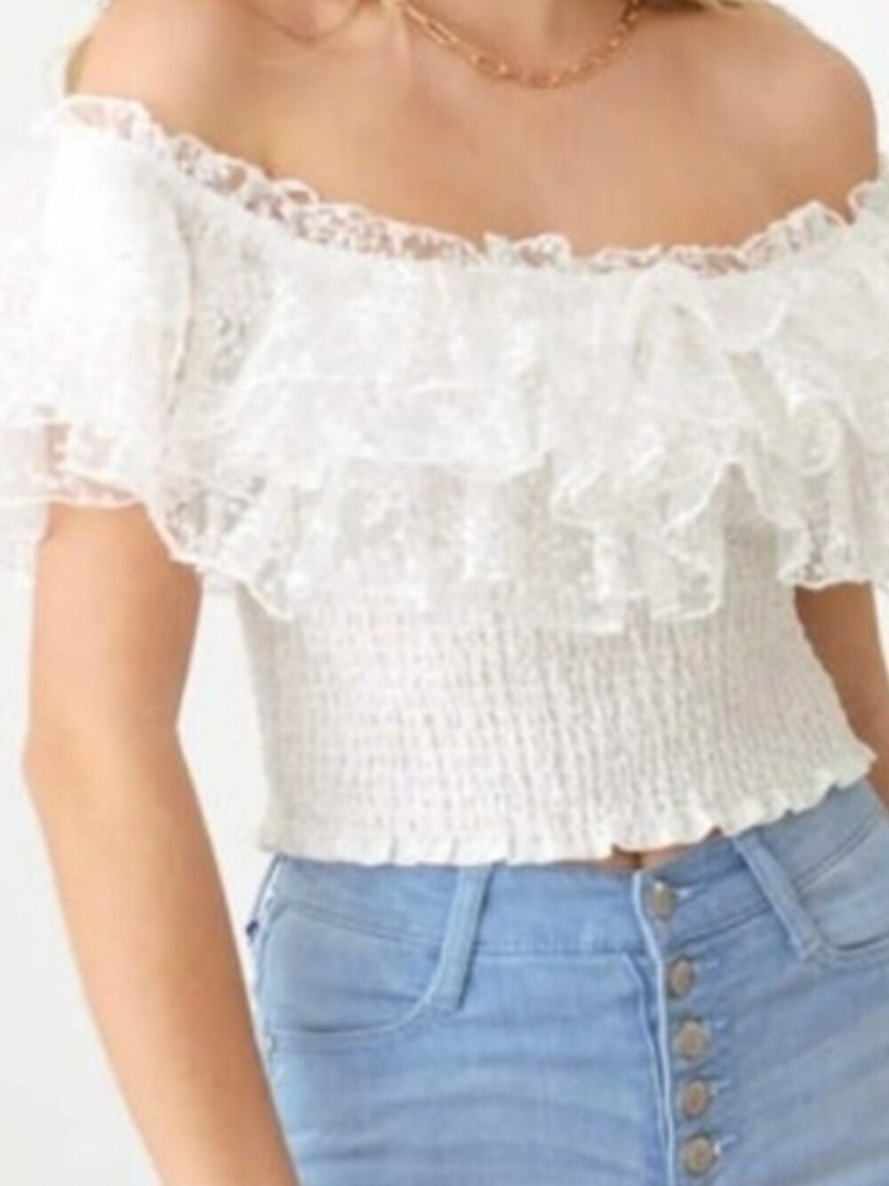 DO+BE Women’s White Lace Ruffle Crop Top Off The Shoulder Smocked